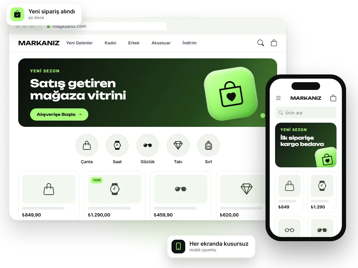 E-ticaret mağazası ve web sitesi tasarımı: masaüstü ve mobil görünüm